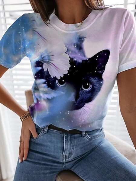

Casual Round Neck Short Sleeve Straight Color Floral Cat T-Shirt Short Sleeve, Blue, T-Shirts