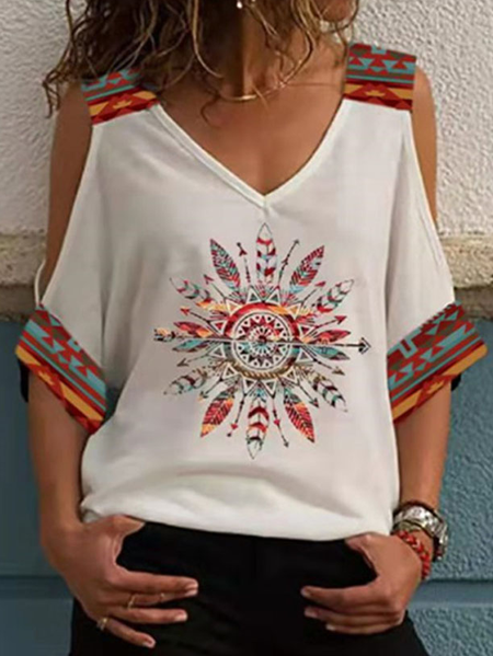 

Tribal Print Cold Shoulder Top, White, T-Shirts