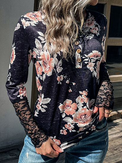 

Floral Lace Crew Neck Vintage Shirts & Tops, Black, Long sleeve tops