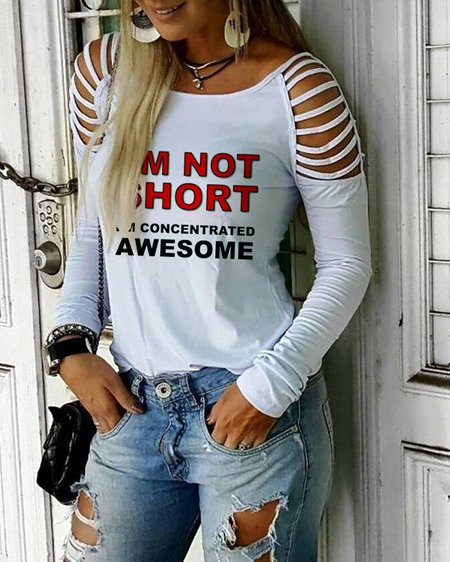 

Crew Neck Letter Casual Hollow Out Regular Fit Shirts & Tops, White, T-Shirts