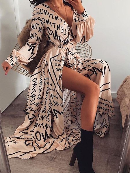 

Letter V Neck Elegant Daily Maxi Dress, Light pink, Maxi Dresses