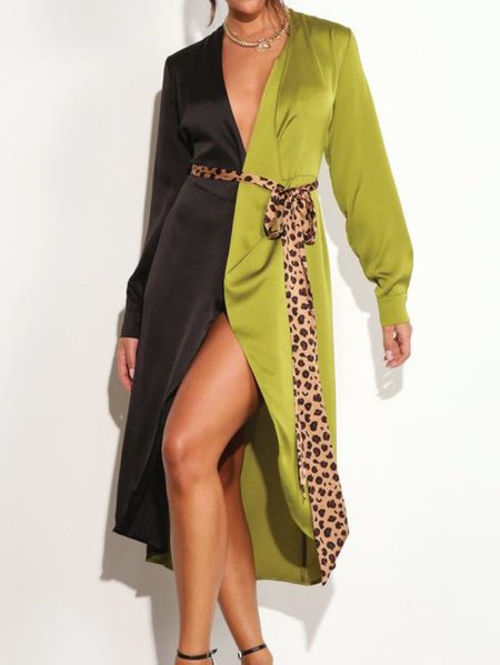 

Solid Statement Color-block Belted Dress, Black-green, Midi Dresses