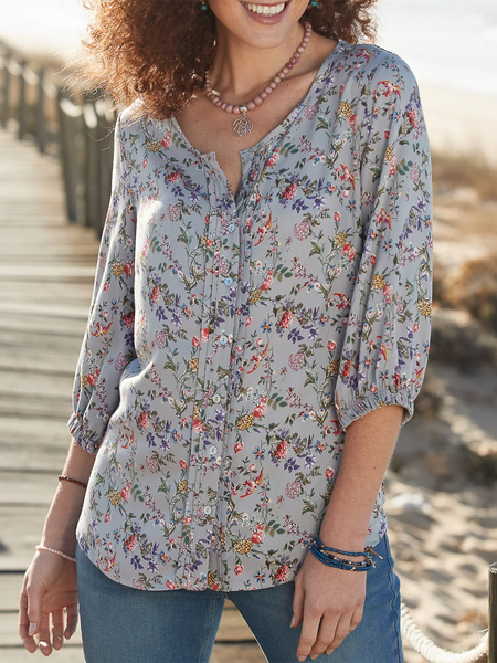 

Vacation Floral Print Round Neck Casual Shirts & Tops, Gray, Blouses & Shirts
