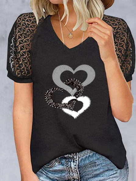 

Geometric V Neck Cotton Blends Shirts & Tops, Black, Tees & T-shirts