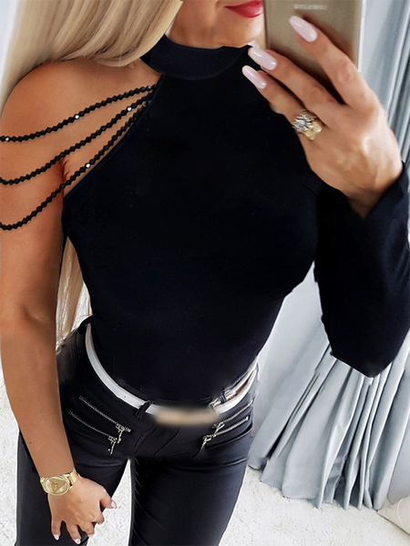 

Plain One Shoulder Long sleeve Casual Shirts & Tops, Black, T-Shirts