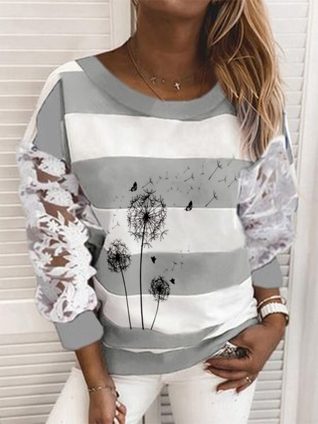 

Dandelion Striped Lace Long Sleeves Crew Neck Plus Size Casual Sweatshirts, Multicolor, Hoodies & Sweatshirts