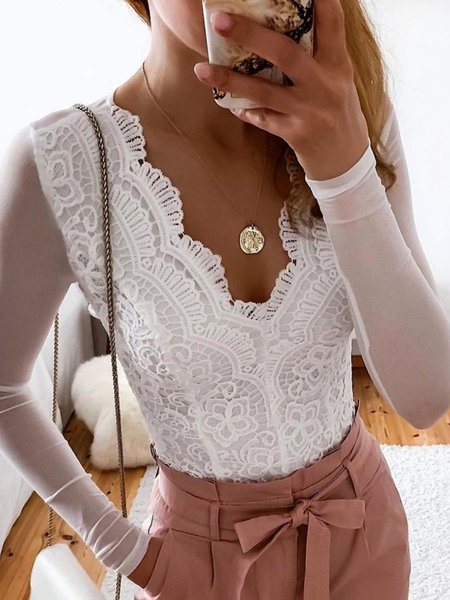 

Casual Long Sleeve V Neck Plus Size Tops T-shirts, White, T-Shirts