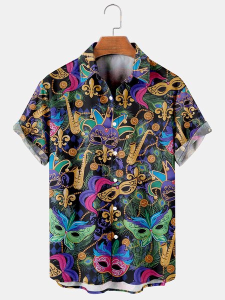 

Holiday Casual Festive Elements Carnival Geometric Pattern Hawaiian Print Shirt Top, As picture, Men's Floral shirt