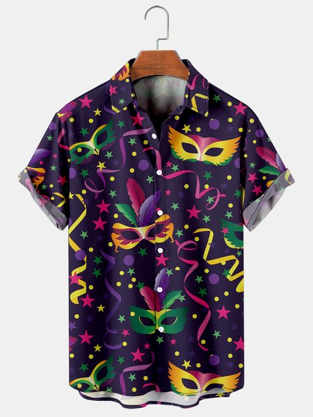 

Mens Mardi Gras Carnival Masks Print Casual Breathable Short Sleeve Hawaiian Shirts, As picture, Men's Floral shirt