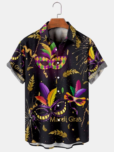 

Mens Mardi Gras Carnival Masks Print Casual Breathable Short Sleeve Hawaiian Shirts, As picture, Shirts ＆ Blouse