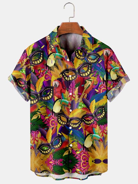 

Mens Mardi Gras Carnival Masks Print Casual Breathable Short Sleeve Hawaiian Shirts, As picture, Men's Floral shirt