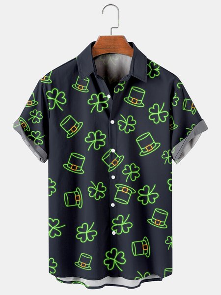 

Mens St Patrick’s Day Shamrock Print Casual Breathable Short Sleeve Hawaiian Shirts, As picture, Men's Floral shirt