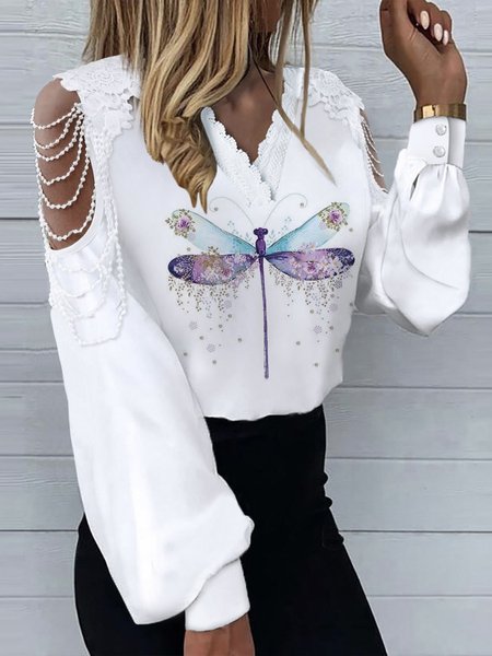 

Loosen Butterfly V Neck Shirts & Tops, White, Tops
