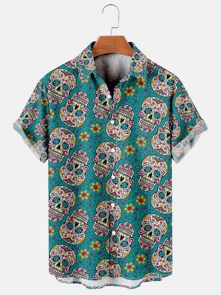 

Casual Music Collection Skull Floral Pattern Lapel Short Sleeve Shirt Print Top, Green, Men's Floral shirt