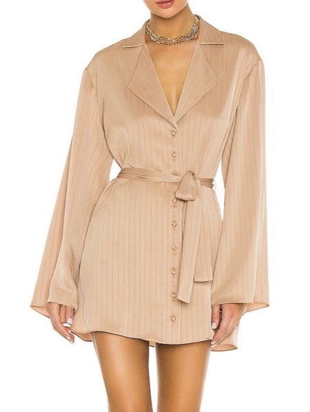 

Striped Flare Sleeve Casual Belted Dress, Khaki, Mini Dresses