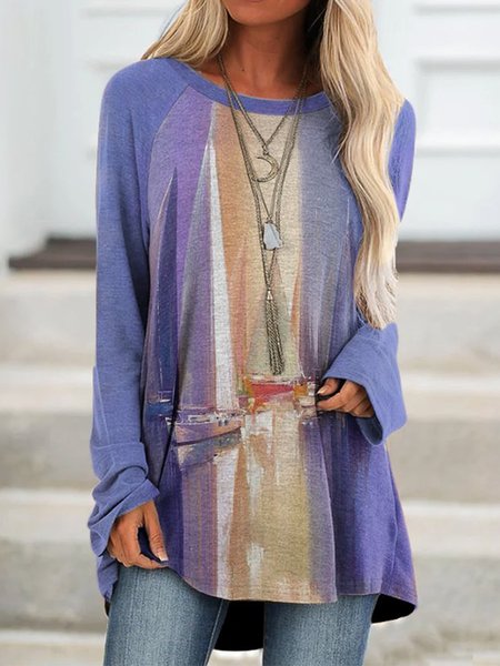 

Raglan Sleeve Landscape Print Loosen Cotton Blends Casual Geometric Shirts & Tops, Purple, T-Shirts