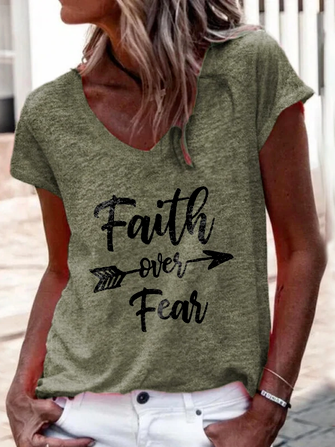 

V Neck Cotton Blends Short Sleeve T-shirt, Green, Tees & T-shirts