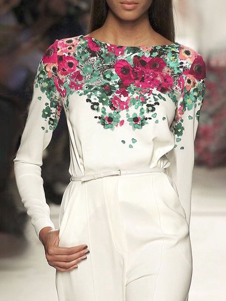 

Regular Fit Floral Crew Neck Top, White, Tops