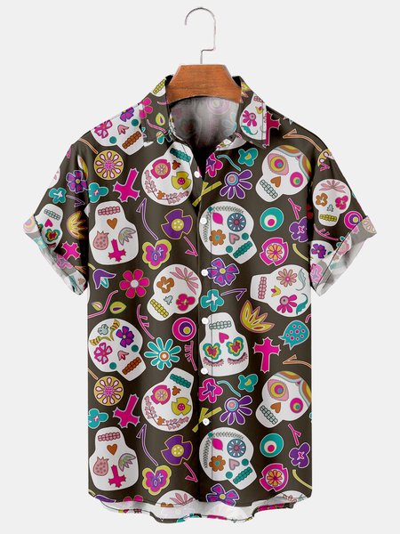 

Casual Music Collection Skull Floral Pattern Lapel Short Sleeve Shirt Print Top, Deep brown, Men's Floral shirt