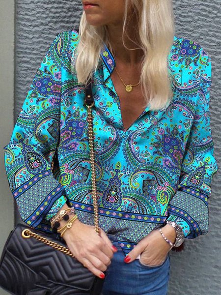 

Vacation Stand Collar Loosen Paisley Shirts & Tops, Green, Long sleeve tops