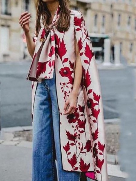 

Elegant Neck Tie Floral Urban Outerwear, Red, Blazers