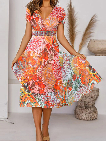 

Casual V Neck Short sleeve Woven Dress, Pink, Midi Dresses