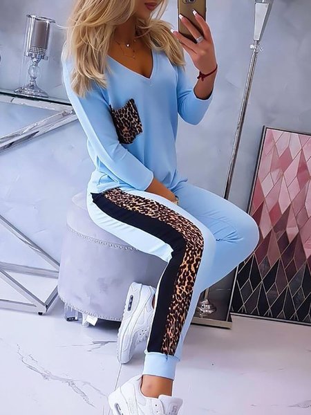 

Plus Size Casual Loosen V neck Leopard Suits, Blue, Two-piece Outfits