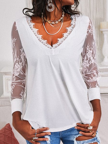 

Sexy Solid Lace V neck Loosen Long Sleeve Shirts & Tops, White, T-Shirts