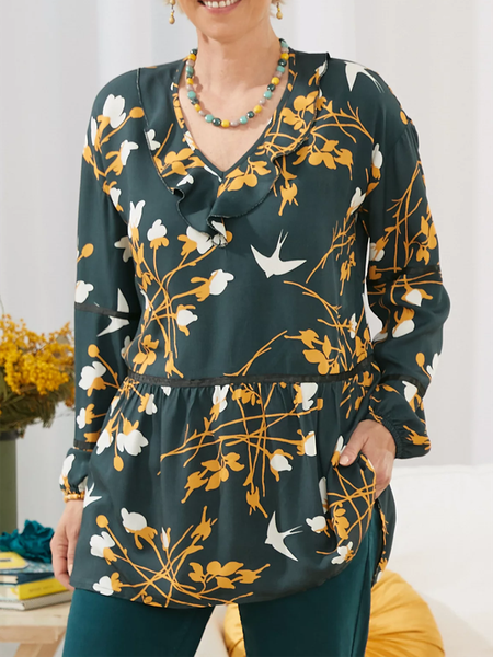 

Green Floral Print Casual Loosen Long Sleeve V Neck Shirts & Tops, Tunics