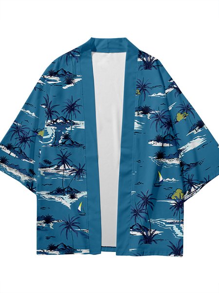 

Mens Hawaiian Coconut Tree Print Casual Loose Japanese Cardigan Kimono, As picture, Men's Floral shirt