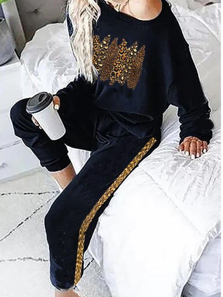 

home dress Casual Leopard Cotton Blends Glitter Suits, Black, Two-piece Outfits