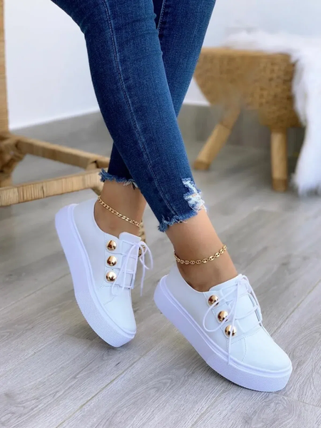 

Ladies Rivet Metallic PU Leather Lace-up Casual Shoes, White, Flats