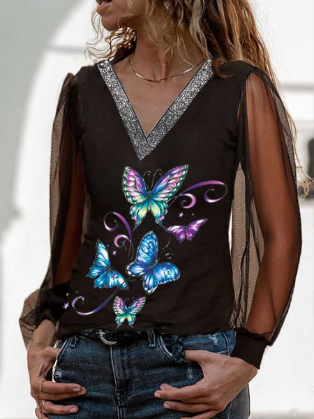 

V Neck Butterfly Casual Shirts & Tops, Black, Tops