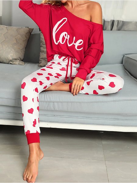 

Plus Size Casual Heart Long Sleeve Loosen Two Piece Sets, Red, Two-piece Outfits