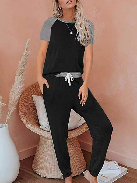

Crew Neck Color Block Raglan Sleeve Suits, Black, Suit Set