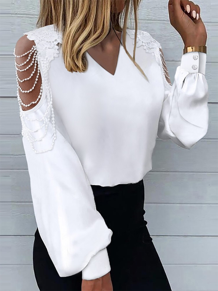 

Lace Long sleeve V Neck Casual Shirts & Tops, White, Blouses & Shirts