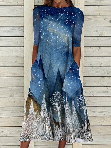 

Casual Cotton Blends Landscape Print Dresses, Blue, Casual Dresses