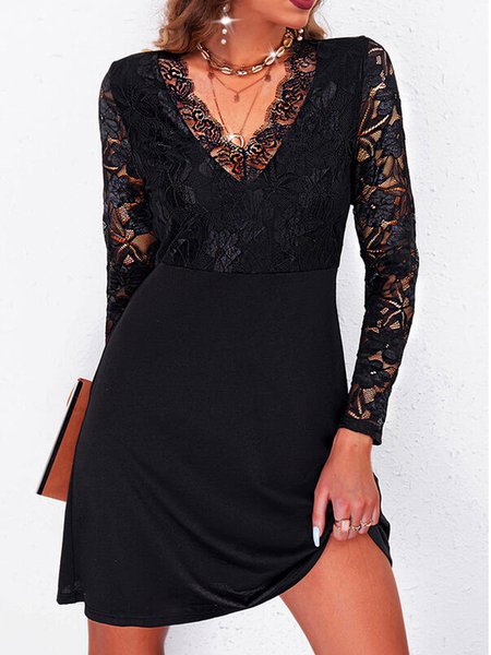 

V Neck Cotton Blends Dresses, Black, Mini Dresses