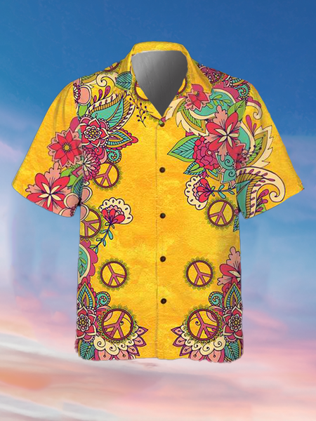 

Holiday Leisure Hippie Elements Love And Peace Pattern Hawaiian Style Printed Shirt Top, Yellow, Men's Floral shirt