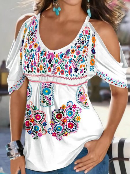 

Floral Printed Casual Crew Neck Short sleeve tops, White, Tops