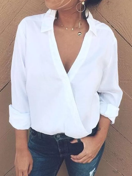Loosen Solid Shirt Collar Shirts & Tops, White, Blouses & Shirts