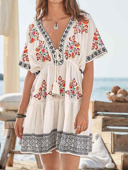 

Casual Vacation Vintage Tribal Floral Cotton Blends Casual Dresses, White, Mini Dresses