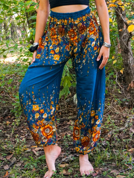 

Teal Floral Comfy Boho Harem Pants, Lounge Pants, Hippie Pants, Yoga Pants, Boho Trouser Vacation Pants, Blue, Pants