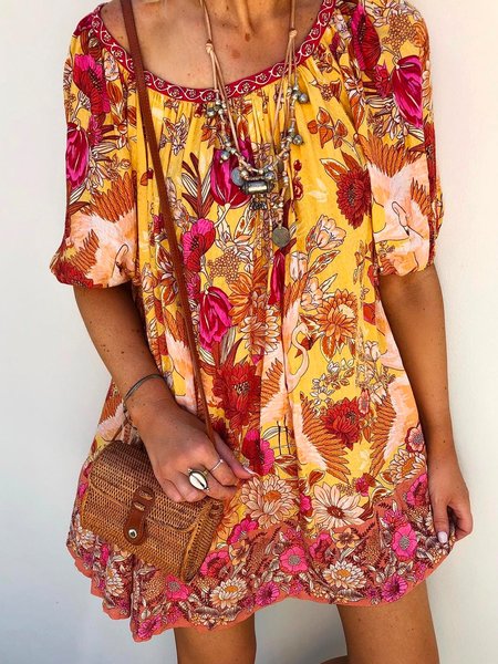 

Floral Crew Neck Dresses, Multicolor, Mini Dresses