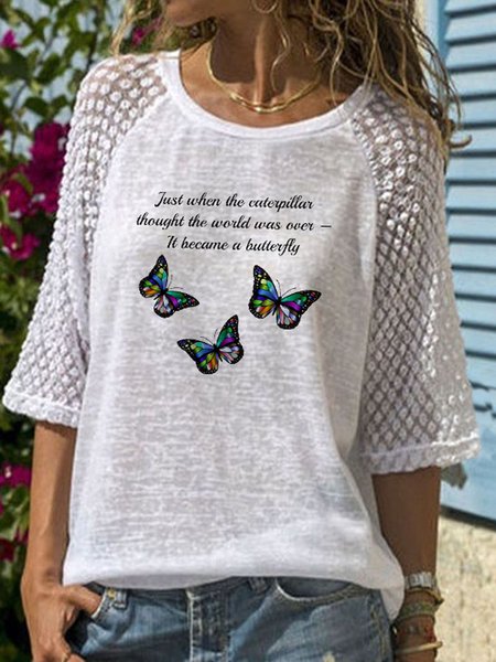 

Letter&Butterfly Casual Raglan Sleeve Cotton Blends Loosen Crew Neck Shirts & Tops, White, T-Shirts
