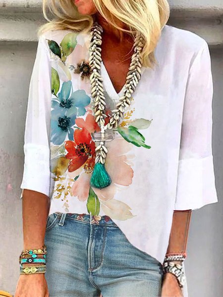 

V neck Loosen Floral Vacation Shirts & Tops, White, Long sleeve tops