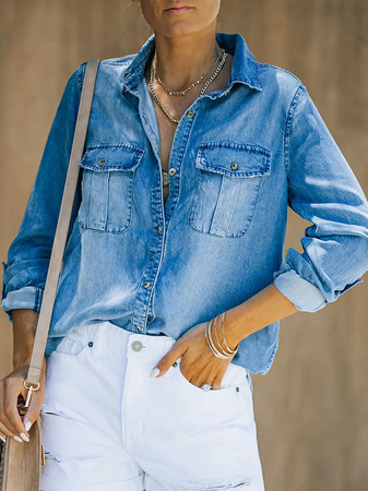 

Denim Shirt Collar Vintage Plain Shirts & Tops, Blue, Hawaii Dresses