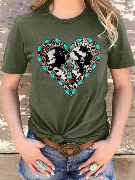 

Cotton Blends Casual Crew Neck Shirts & Tops, Deep green, T-Shirts