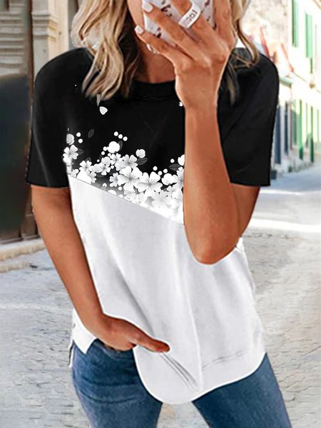 

Floral Loosen Cotton Blends Vacation Shirts & Tops, Black-white, T-Shirts