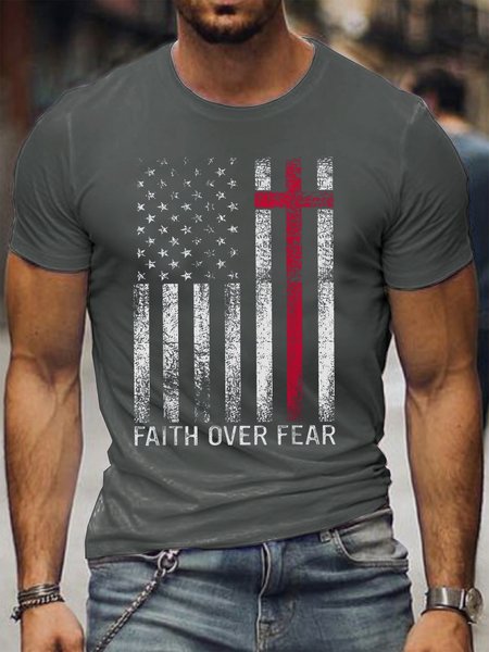 

Faith Over Fears Men's Stars Stripes Crew Neck Short Sleeve T-shirt, Deep gray, T-shirts
